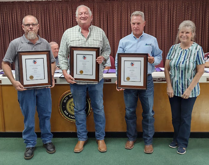 Newly elected councilmen (l-r) Michael Nelson, Shawn Oliver, Marcus Amthor, with Justice of the Peace Judge Sharon Blossman