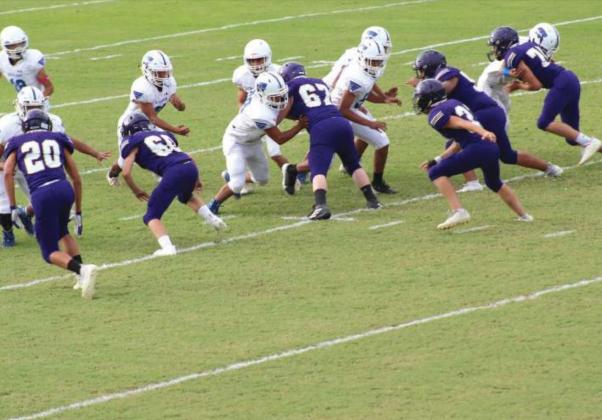 San Saba JV Dillos Defense: #20 Noah Martinez, #60 John Ham, #67 Hayden Reeves, #33 Everett Eidson, #55 Jesus Gonzalez and #75 Cooper Moreno