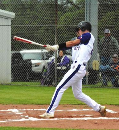 San Saba High School varsity baseball senior Logan Glover (21) swings at a pitch on Wednesday, April 21st, during the Dillos' home District game vs. rival Mason High School. Glover was one of three players honored prior to the Dillos' 10-0 victory over Junction High School on April 27th for the annual Senior Night game. Photo courtesy of Rita Boultinghouse