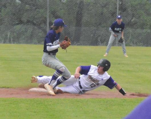 San Saba High School varsity baseball senior Risien Shahan (12) slides into second base on Wednesday, April 21st, during the Dillos' home District game vs. rival Mason High School. Shahan was one of three players honored prior to the Dillos' 10-0 victory over Junction High School on April 27th for the annual Senior Night game. Photo courtesy of Rita Boultinghouse