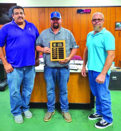 Lucas Watson was named Employee of the Month for May, 2024. He was described by his supervisor, Luis Rios (left), as always staying busy and also learning how to run the street sweeper in record time. Lucas had his name engraved on a dedicated plaque and was also given a gift certifiate to a local restaurant. Also taking part in the presentation was Council Alderman Michael Nelson (right).