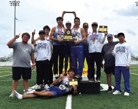 Coyotes Track Team - 1 photo L-R: Coach Watkins, Gage Behrens, Eli Hutchins, Cohen Ethridge, Rush Norris, Billy Perry, Brice Roesler, Ethan Deeds, Coach Ethridge, and EJ Aviles. Jim Eckermann on the bottom. Photo by Pam Starr