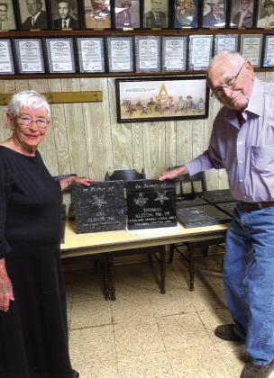Ann and Tom Alston show their engraved granite squares for the San Saba Masonic Bodies Walk of Honor.
