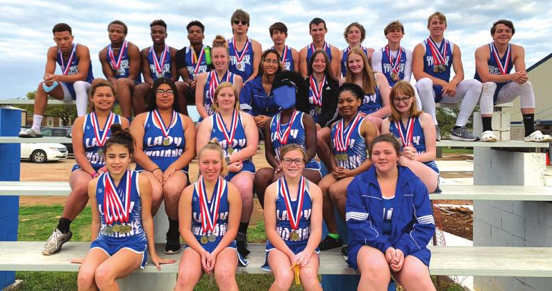 Cherokee High School Track Team - Top row: Gabe Morris, Tristian Arkansas, Erick Miller, Deavion Miller, Rode Ligon, James Beck, Kase Bordner, Matt Gass, Gunner Baugh, Joey Bond, Isaac Graves; 2nd row: Sydnie Bond, Kandy McCoy, Skylar Harris, Chloe Berrio; 3rd row: Skyla Shannon, Abigail Medrano, Raelyn West, Allie Berrio; Bottom row: Brissa Baugh, Maycie Shanklin, Payton Duggan, and Abigail Anderson