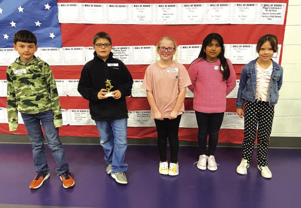 San Saba Elementary 3rd Grade Spelling Bee participants (left to right): Sloan Sanderson, Wyatt Ward, Everleigh Vallenavedo, Yadira Macia, and Molly Mays