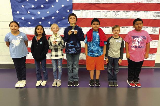 San Saba Elementary 4th Grade Spelling Bee participants (left to right): Valentina Paez, Sophia Hernandez, Erin Eudy, Jay Garcia, Jason Diaz, Wiley Murray, and Juan Macias