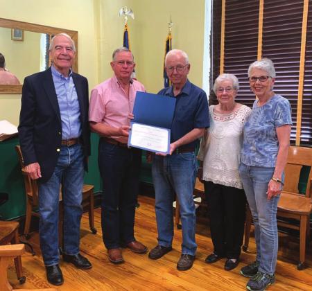 Members of the San Saba County Historical Commission proudly display their Texas Historical Commission 2020 Distinguished Service Award as presented by County Judge Byron Theodosis. Shown from left to right are: Judge Theodosis, Joe H. Ellis, Jr., Jerry Blankenship, Nettie Oma Carpenter, and Lynn Blankenship.