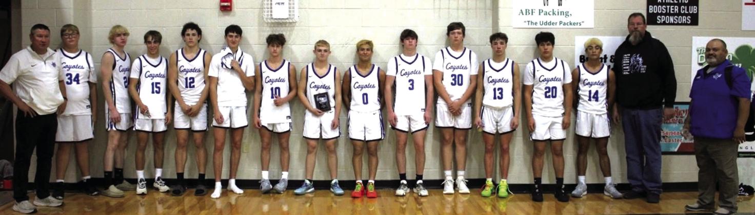 Pictured L-R: Coach Rogers, #34 Hunter Stewart, #24 Troy Kubin, #15 Ethan Deeds, #12 Eli Hutchins, #1 Hutton Rogers, #10 Layne Ward, #2 Christian McKinnerney, #0 EJ Aviles, #3 Brice Roesler, #30 Dalton Moats, #13 Cohen Ethridge, #20 Shawn Wall, #14 Ian McKinnerney, Coach Roesler, Coach Aviles Courtesy of Richland Springs Coyote Booster Club