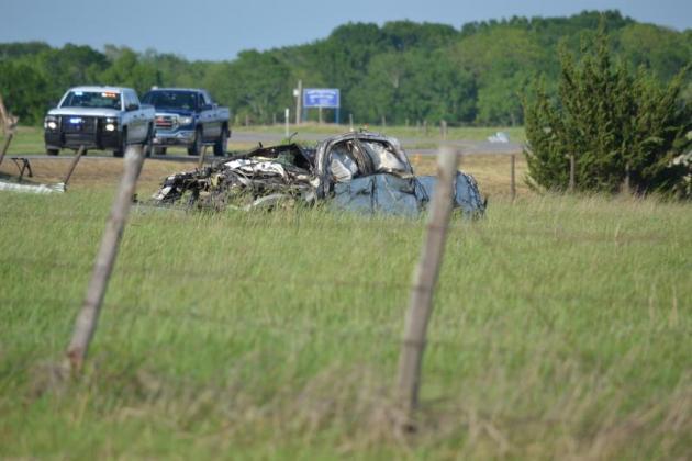 A truck was totaled from a tornado that touched down in Madill on April 22. Photo by Matt Caban