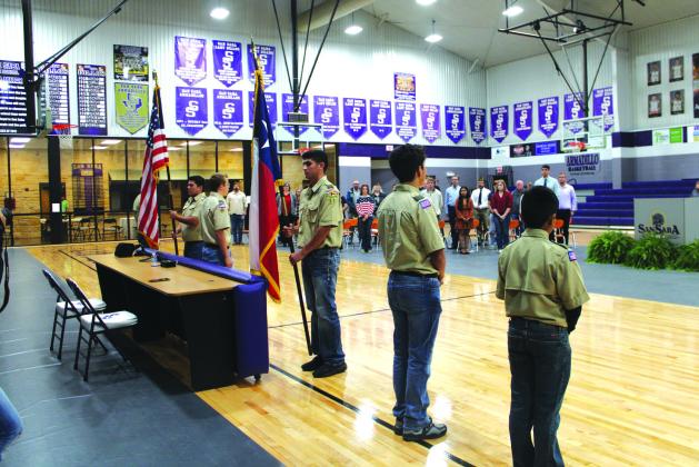 Boy Scout Troop #55 presenting the colors at the Veterans Day Program.