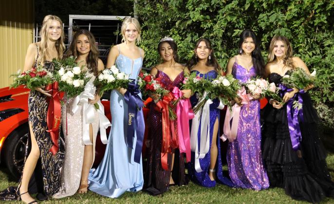 Homecoming Queen and her court: Junior Gracen Shahan, Sophomore - Perla Ramirez, Senior - Avery Tharp, HC Queen - Natalie Cuevas, Freshman - Ximena Cuevas, Senior - One Nguyen, Senior - Macy Sebastain