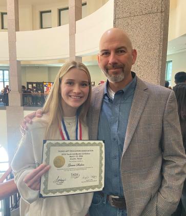 Big Art Day - Gracen Shahan and Keith Owens, San Saba ISD Superintendent at the Bob Bullock Museum Award Ceremony, photo by Monica Shahan