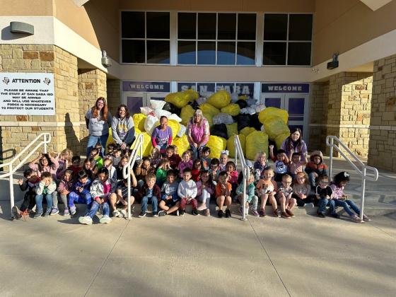San Saba Elementary PK3 and PK4 students and their teachers collected 4,880 plastic bottles in response to the challenge set by the KSSB! They are pictured here in front of one of four large loads of plastic bottles!