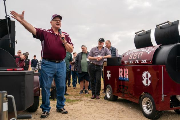 Dr. Davey Griffin talks about his pit during the Building a Good Fire Instructors and Pitmasters section of the 2023 Camp Brisket on Saturday, Jan 7, 2023 in College Station, Texas. ( Courtney Sacco/Texas A&amp;M AgriLife Marketing and Communications
