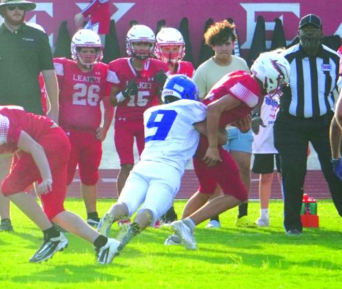 Cherokee’s Carlos Preciado #9 making the tackle in the JV game against Leakey Courtesy Valerie Valdez