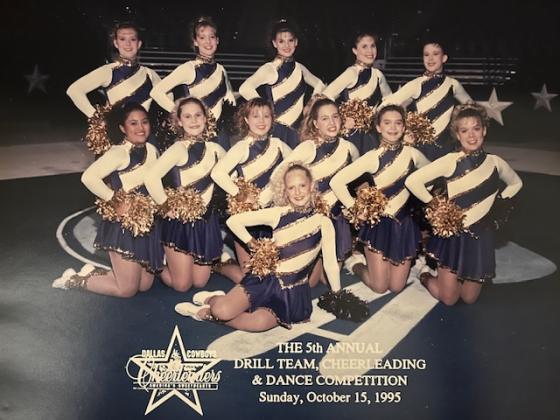 Dilloettes 1995 (l-r) - Top Row:  Misty Hyatt, Bonnie Childress, Kyla Byrd, Crissy McPherrson, and Dana Baxter. Middle Row:  Christina Cabrera, Rikki Ferrell, Mindy Riggs, Anne Theodosis, Katie Johnson, and Elyse Beaver. Front:  Kristie Clark. Courtesy of Patsy Hall
