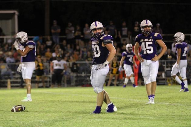 Colton Pierce (#50) and Jefferson Stencil (45) get ready on defense.  Courtesy of Kayti Lackey - 1916 Athletics