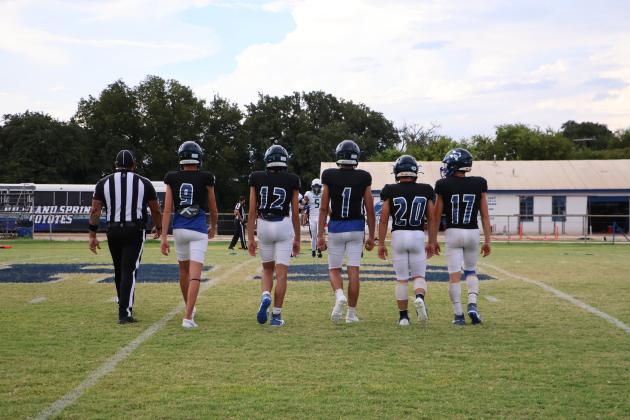 RS Football - (L to R)  #9 Hutton Rogers; #12 Hudson Tharp, #1 Jim Eckermann, #20 Gage Behrens, #17 Billy Perry / Courtesy of Pam Starr