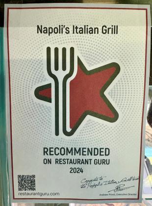 Napoli's Italian Grill Certificate of showing congratulations from Restaurant Guru / Courtesy of Ashley Vazquez