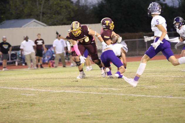 Levi Glover makes a tackle in the win over Thorndale last Friday. Courtesy of Kayti Lackey - 1916 Athletics