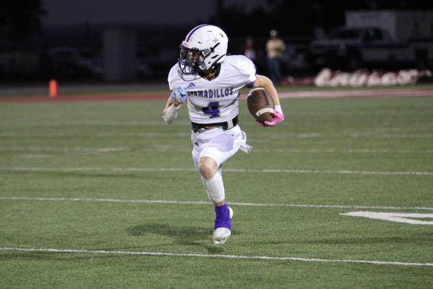 Skylar Romero takes off on a big gain for the Armadillos. Photo courtesy of Kayti lackey - 1916 athletics