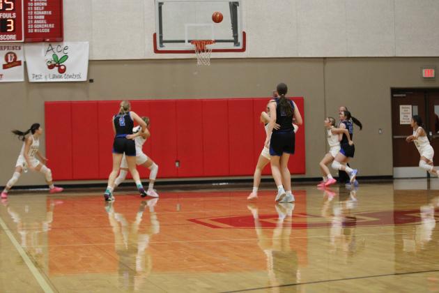Lady Dillos blocking out after shot from Friendswood player (far left to right ); #11 Chassidy Gonzalez, #2 Cinzlea Stanton,#10 Brooklyn Allison,#1 Olivia Sebastian and #12 Aaliyah Patino
