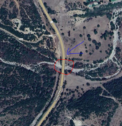The guardrail damage location is circled in red, and the blue arrow indicates area of "no center line."