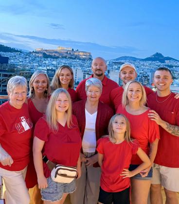 Sue Ransom's family in Greece all wearing their RED shirts. - photo courtesy of Sue Ransom
