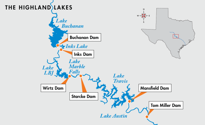 Lakes Buchanan, Inks, LBJ, Marble Falls, Travis and Austin form the six Highland Lakes on the Colorado River, northwest of Austin.