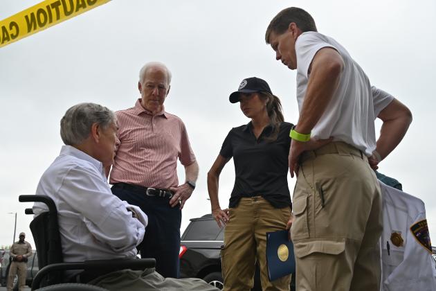 From left to right, Governor Greg Abbott, Senator John Cornyn, Secretary of the U.S. Department of Homeland Security Kristi Noem, and Texas Division of Emergency Management Chief Nim Kidd are pictured on July 5, 2025, in Kerrville.