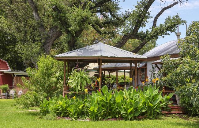 The side yard features a gazebo with giant cannas and hanging ferns.