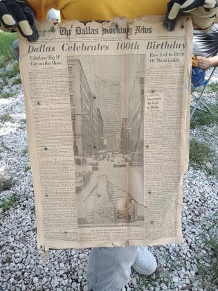 Front page of the Dallas Morning News from February 5, 1956 was found in the newspaper layer under the vinyl flooring