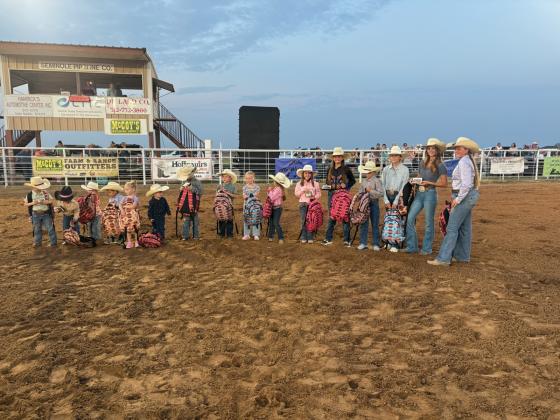 2025 Playday award winners that were presented at the San Saba Rodeo - Participants all got backpacks, and winners got buckles. Playdays are done during the summer for youngsters usually just learning to ride and compete.