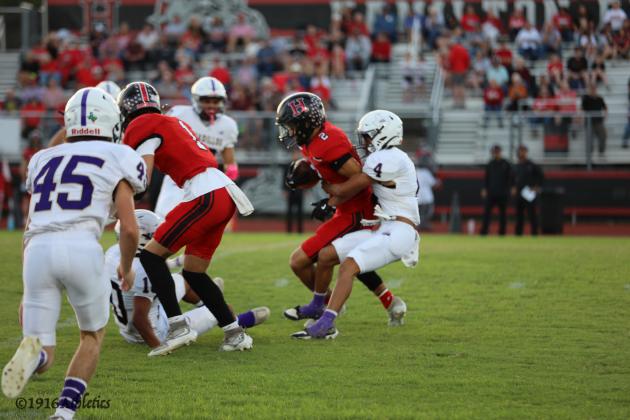 #4 Jayden Aguirre stops Hamilton runner on opening kick off in Friday’s matchup.