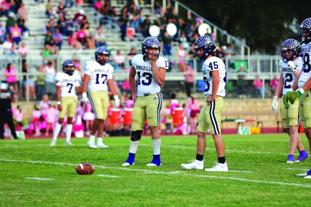 San Saba’s #13 Kaylub Roberts and #45 Clayton Meador …Robert’s had 13 tackles with 6 in the back field, followed by Meador who had 11 tackles on the night 4 behind the line of scrimmage.  Photo by Kayti Lackey