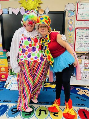 Here are our amazing cafeteria ladies. The one in the clown costume is Dona Watson, our Director of Nutrition for SSISD. The other lady is Desiree Hernandez, our Kitchen Manager.