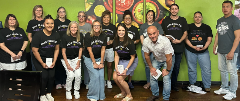 Front Row (left to right): Linda Smith (5 years), Anjela Cuevas (5 years), Dani Gilcrease (5 years), Tara Mejia (5 years), Kallie Bush (5 years), and Jeff Devine (5 years). Back Row (left to right): Teresa Glover (30 years), Susan Barrier (25 years), Shara Wright (5 years), Rosemary Cisneroz (20 years), Ceci Bessent (20 years), Kaitlin Robertson (10 years), Cody Wilcox (5 years), Melissa Vega (5 years), and Roy Mejia (5 years).