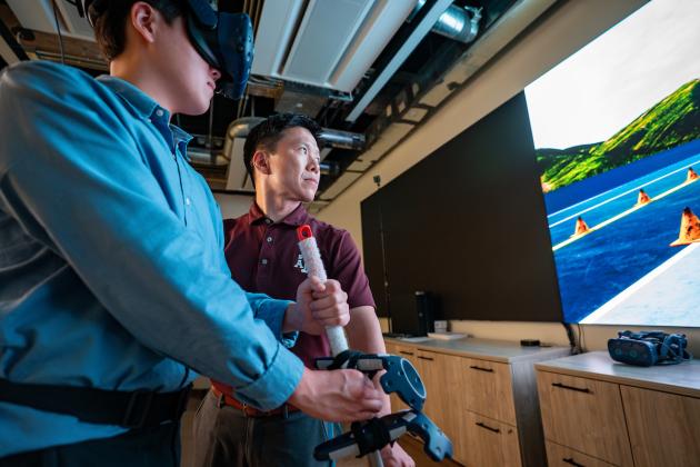 Dr. Namgyun Kim, assistant professor in the Department of Construction Science, is using AI and VR to develop systems to improve workplace safety on construction sites.  Credit: Laura McKenzie/Texas A&amp;M University Division of Marketing and Communications