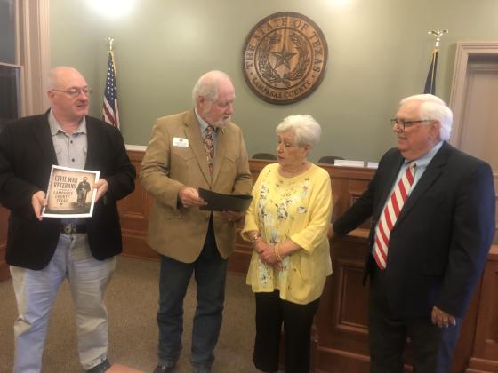 Representatives of the Texas Division, Sons of Confederate Veterans present a copy of Civil War Veterans Buried in Lampasas County, Texas, to the Lampasas County Historical Commission. The book documents 465 Civil War veterans buried in Lampasas County and preserves the stories of the men whose lives helped shape the county's history. Courtesy SCV Camp No. 2353