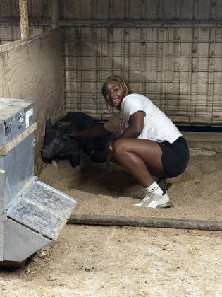 Summer petting her pig
