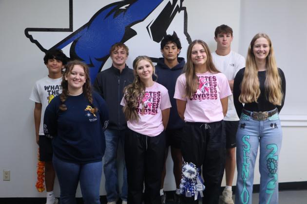 Homecoming Court - Back row (L-R):  Matthew Woerndell, Evan Deeds, Ian McKinnerney, and Brice Roesler. Front row (L-R):  Paisley Shows, Mia Tharp, Paige Bailey and Kinzley Daly. Courtesy of Pam Starr