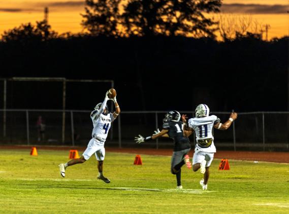 #4 Jayden Aguirre intercepts as pass in the shutout against Center Point. Courtesy of Kayti Lackey