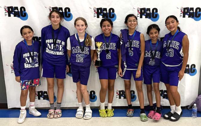 MOE Basketball traveled to Leander Texas on Saturday November 1 and captured the 2025 Junior High Division of the Turkey Kickoff by defeating the Centex Attack, 26-15, the Centex Attack North 34-14, and Lake Travis Elite 50-18. Team members are pictured left to right: Evangeline Davis (mgr.), Victoria Davis, Myers Wallace, Jazmin Reyes, Aliyah Davila, Abigail Davila, and Carla Jimenez