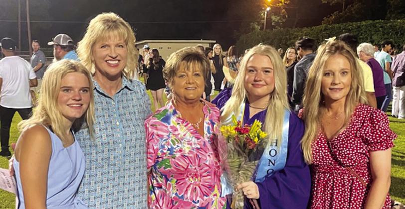 Joining Skylar Lewis for this photo at graduation were these former and upcoming Dilloettes: (l-r) Skylar's sister and incoming Dilloette, Paige Lewis, Grandmother and 1982-83 Dilloette, Dana Holland Beckwith, Grandmother and 1975-78 Dilloette, Donna Eden Shahan, Graduate and 1922-24 Dilloette, Skylar Lewis, and Mother of Skylar and 1997-2001 Dilloette, Sammi Phillips Lewis.