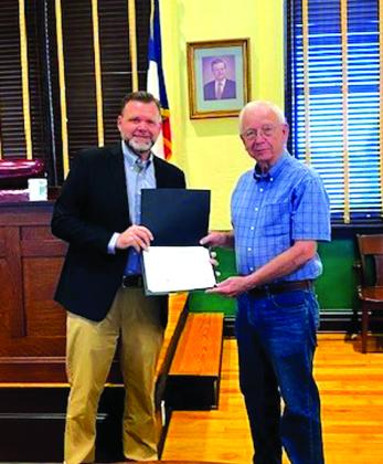 Judge Jody Fauley is presenting Jerry Blankenship, Marker Chairman, the 2022 Distinguished Service Award to San Saba County Historical Commission during Commissioners Court on June 26, 2023. Photos by Marsha Hardy