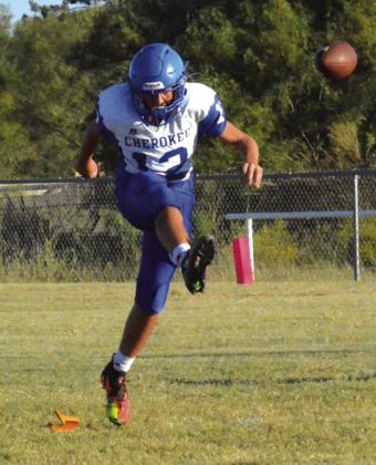 Indians #12 Brady Palermo gets a good kick off to the Eagles