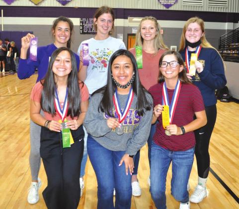 Journalism Team — Top Row: Brighton Adams, Landri Glover, Jenna Lambert, Delaney Ellis; Bottom row: Makinzey Saldivar, Kristi Macias SILVER MEDALIST, and Mia Kilman. Coaches: Misty Moellendorf, Merideth Deeds, and Suzie Tyson.