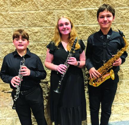 Wyatt Ward (6th Grade Oboe), Macye McDowell (8th Grade Clarinet), and Jay Garcia (7th Grade Alto Saxophone) perform in the ATSSB Region 29 Middle School Symphonic Band held in Fredericksburg on January 23rd.