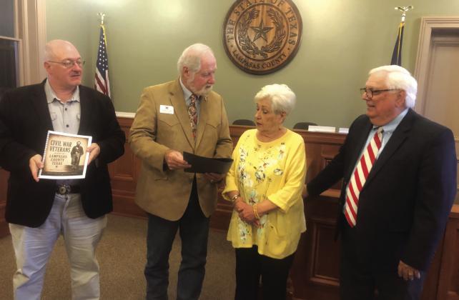 Representatives of the Texas Division, Sons of Confederate Veterans present a copy of Civil War Veterans Buried in Lampasas County, Texas, to the Lampasas County Historical Commission. The book documents 465 Civil War veterans buried in Lampasas County and preserves the stories of the men whose lives helped shape the county's history. Courtesy SCV Camp No. 2353