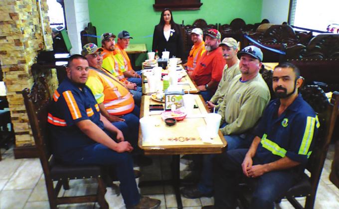 Anita Alvarez from Heritage Funeral Home in San Saba and First Responders from San Saba Fire Department at the First Responders Luncheon (not listed in any certain order): Juan Montoya, Jose Rocha, Wally Kilman, Mike Eden, Daniel Barrier, Scott Sanderson, Alan Trotter, Captain Jack Blossman, and Fire Chief Chris Stewart.